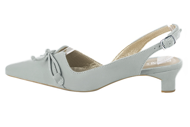 Aquamarine blue women's open back shoes, with a knot. Tapered toe. Low kitten heels. Profile view - Florence KOOIJMAN